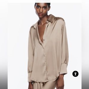 Zara Flowy Satin Effect Button Down Shirt Medium, Color: Mink